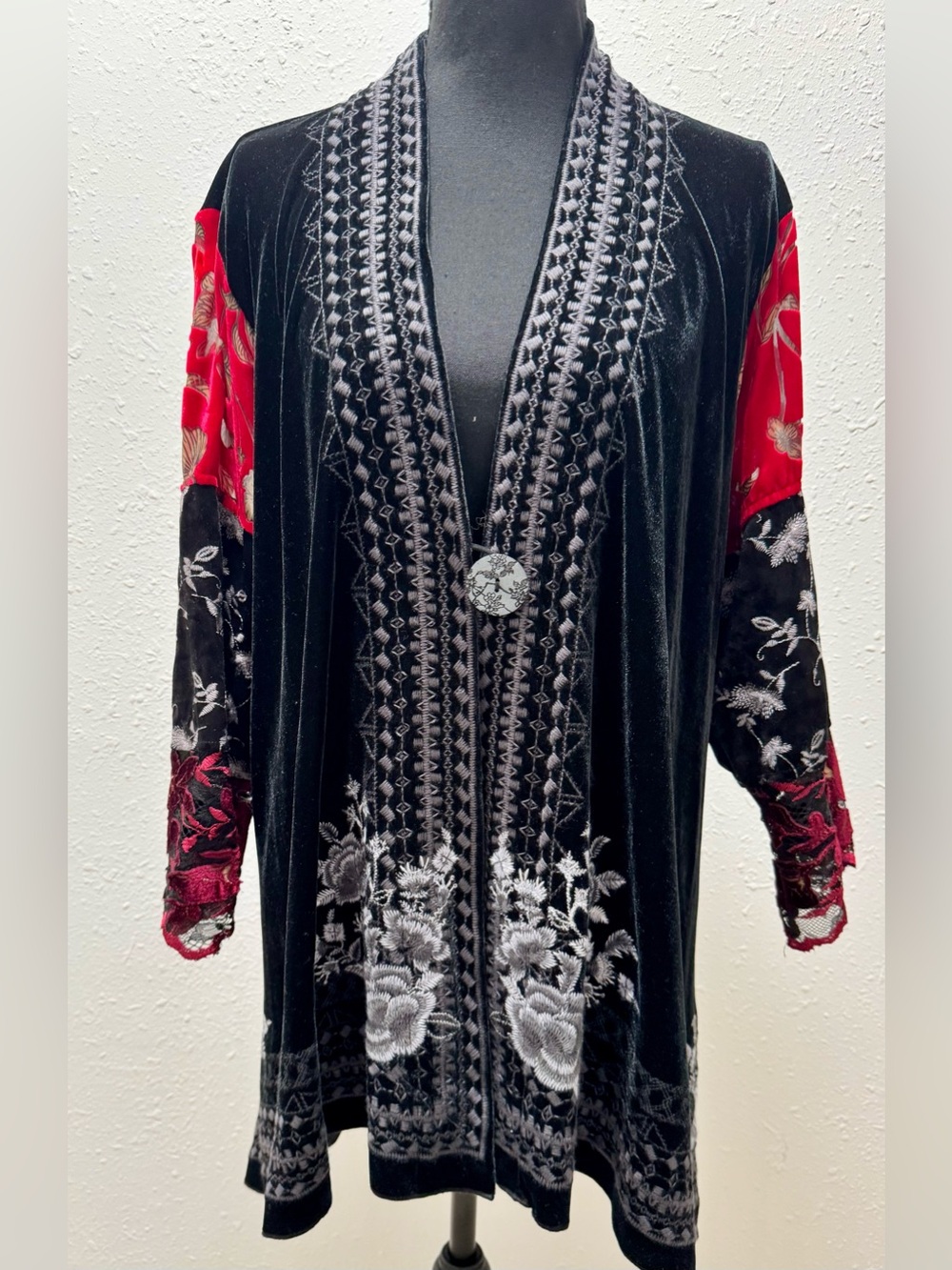 John Mark Black Velvet Cardigan with Red Embroidered Sleeves
